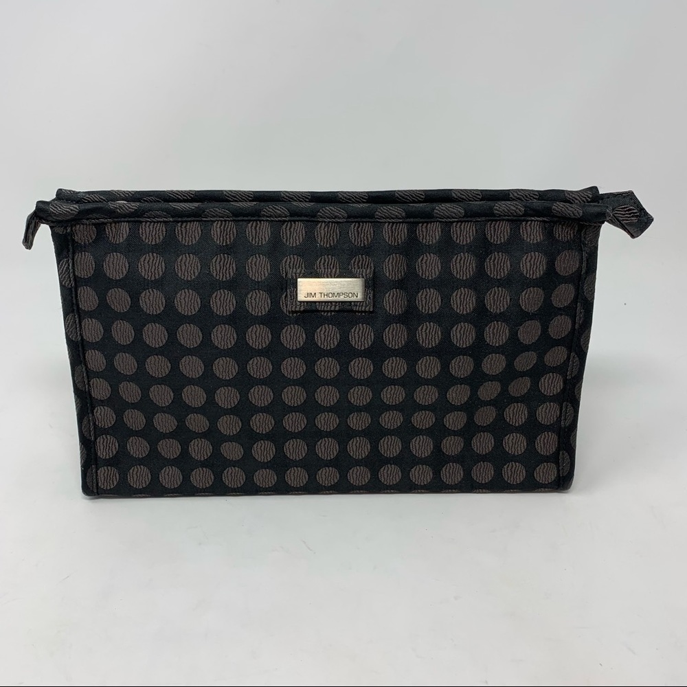 Jim Thompson Thai Silk Large Plastic Lined Back Gray Cosmetics Travel Case